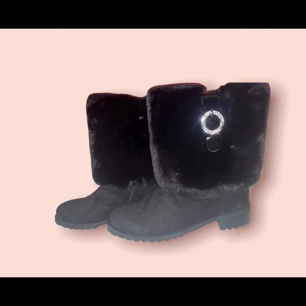 Midnight Velvet Sequined Buckled Fur & Suede Women’s Boots SIZE: 10